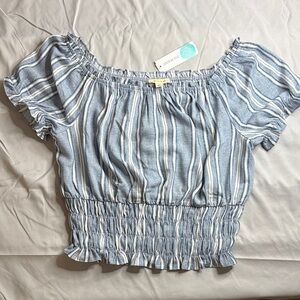 The General Good Blue Striped Off-Shoulder Smocked Crop Top